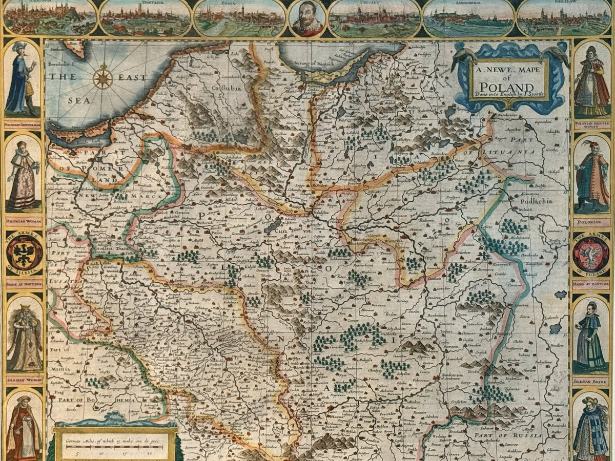 John Speed’s Map of Poland, 1626: First Issue with Views of Kraków, Gdańsk & Poznań