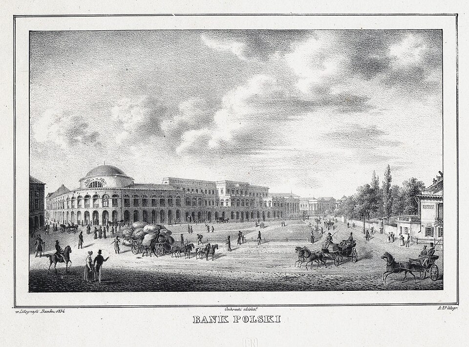 Bank Polski in Warsaw in 1834, contemporary lithograph by Adela Łubieńska