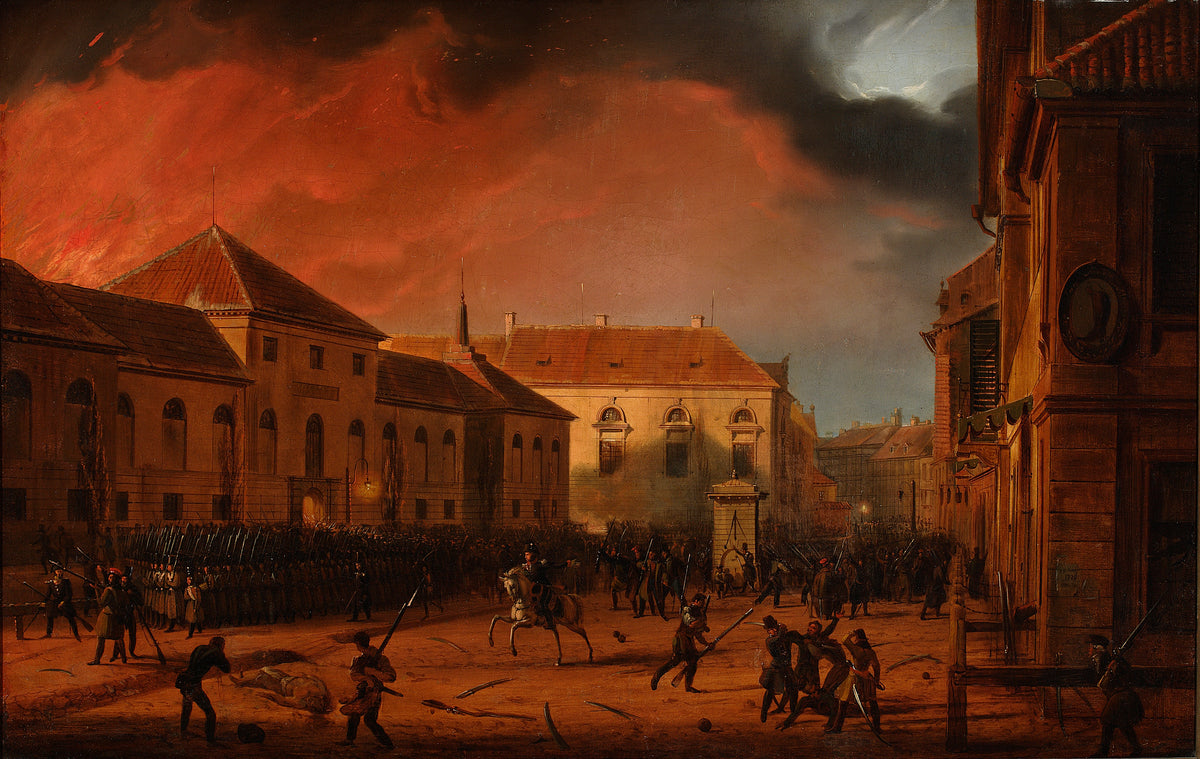 A historic painting showing the start of the November Uprising